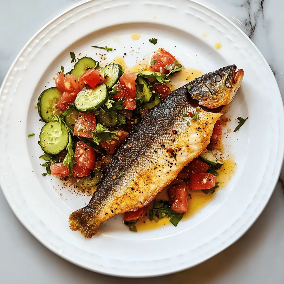 Crispy Branzino with Sumac Tomato-Cucumber Salad Delight