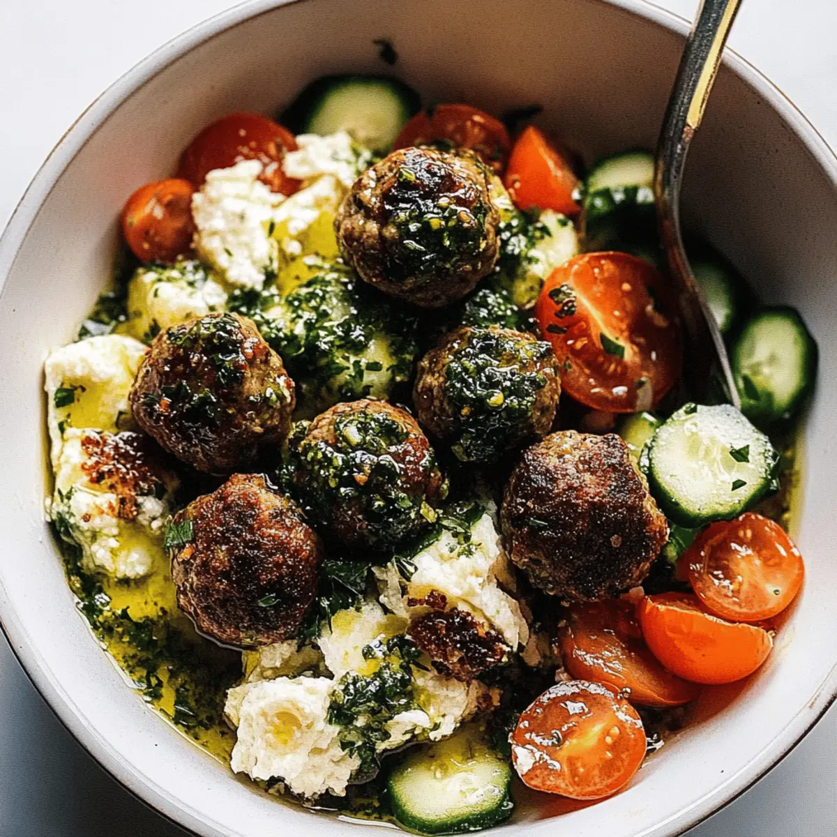 Sheet Pan Meatballs with Tomato Salad and Green Sauce Bliss