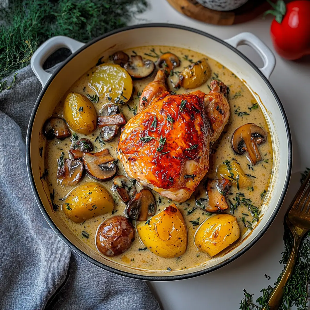 Delicious Herb Roasted Chicken in Creamy White Wine Sauce