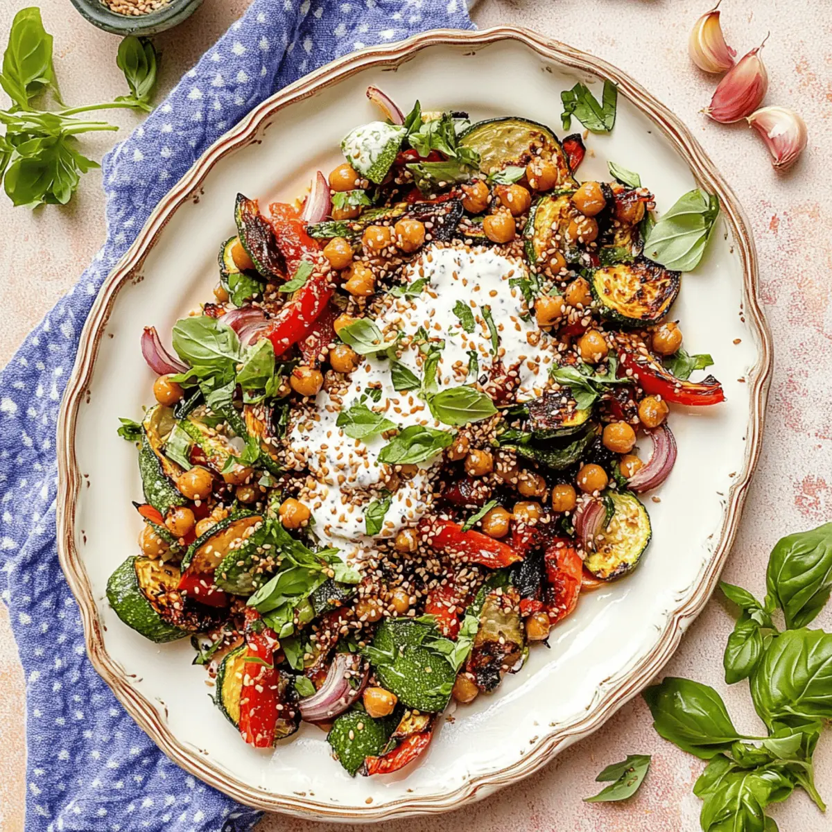 Flavorful Vegetables and Chickpeas with Garlic Tahini Yogurt Sauce